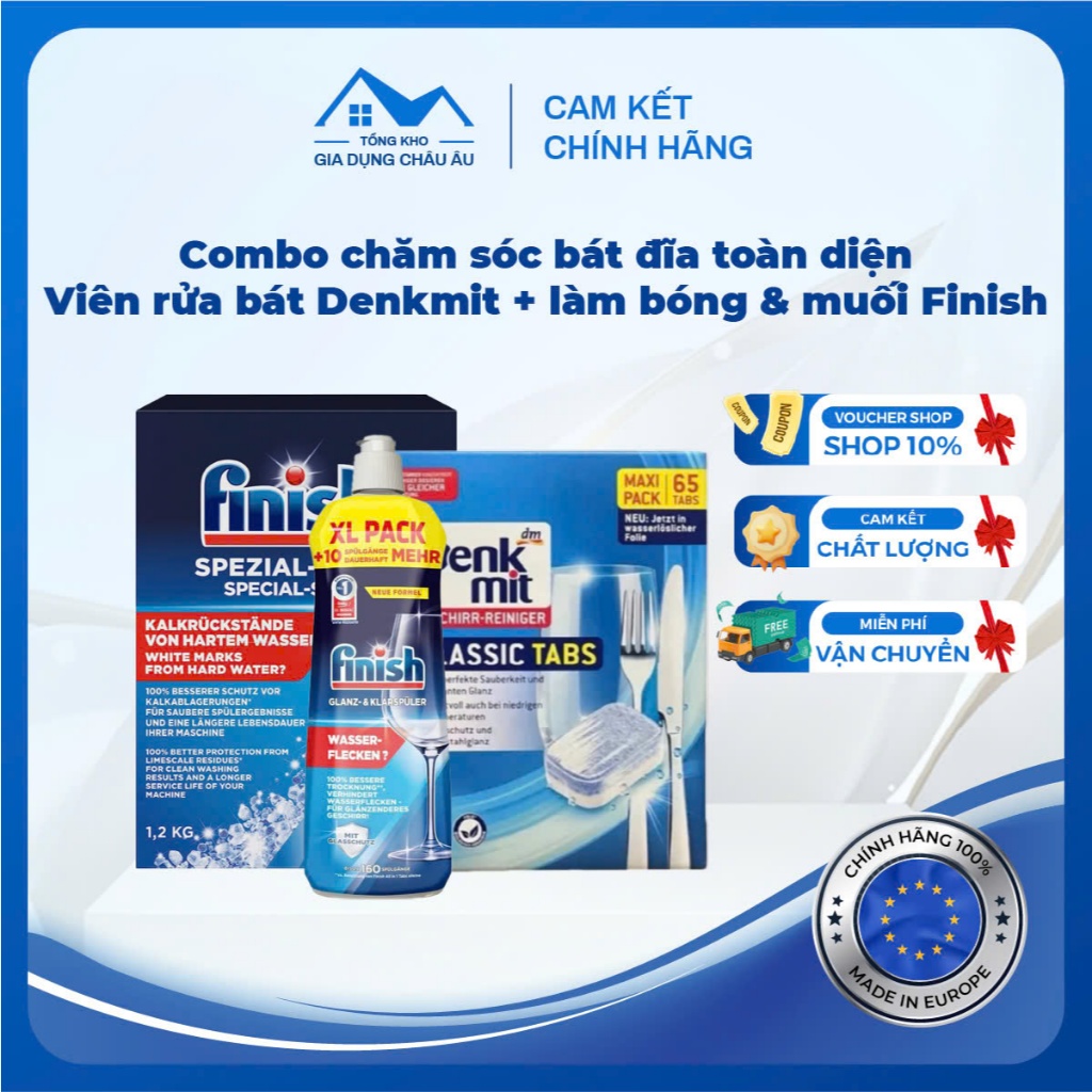 การดูแลจานก่อสร้าง Combo: เม็ดเครื่องล้างจาน Denkmit + ยาขัด Salt & Finish