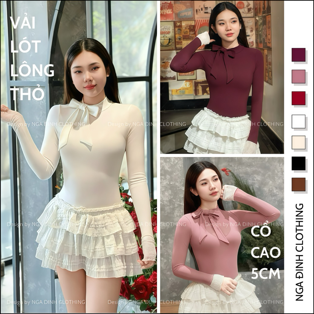 เสื้อคอเต่าสูง 4 ซม. ใน RABBIT FUR LINED ผ้ามีโบว์และแขนลูกไม้สําหรับ Miss NGA DINH CLOTHING เสื้อระ