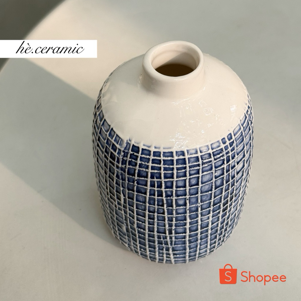 SUMMER.CERAMIC / แจกันเซรามิกตาข่ายสไตล์นอร์ดิก แจกันเซรามิคสีฟ้า