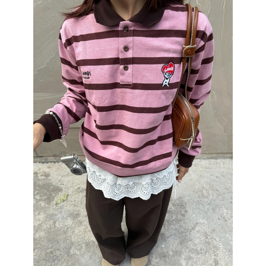 FW.GOODS - Rugby (WITH BOND) Polo Striped Collar Shirt Boxy - เสื้อยืดแขนยาวลายทางสําหรับผู้ชายและผู