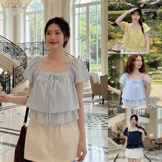 Women's babydoll shirt with puffy sleeves and luxurious two-layer v-shaped ruffles BD63