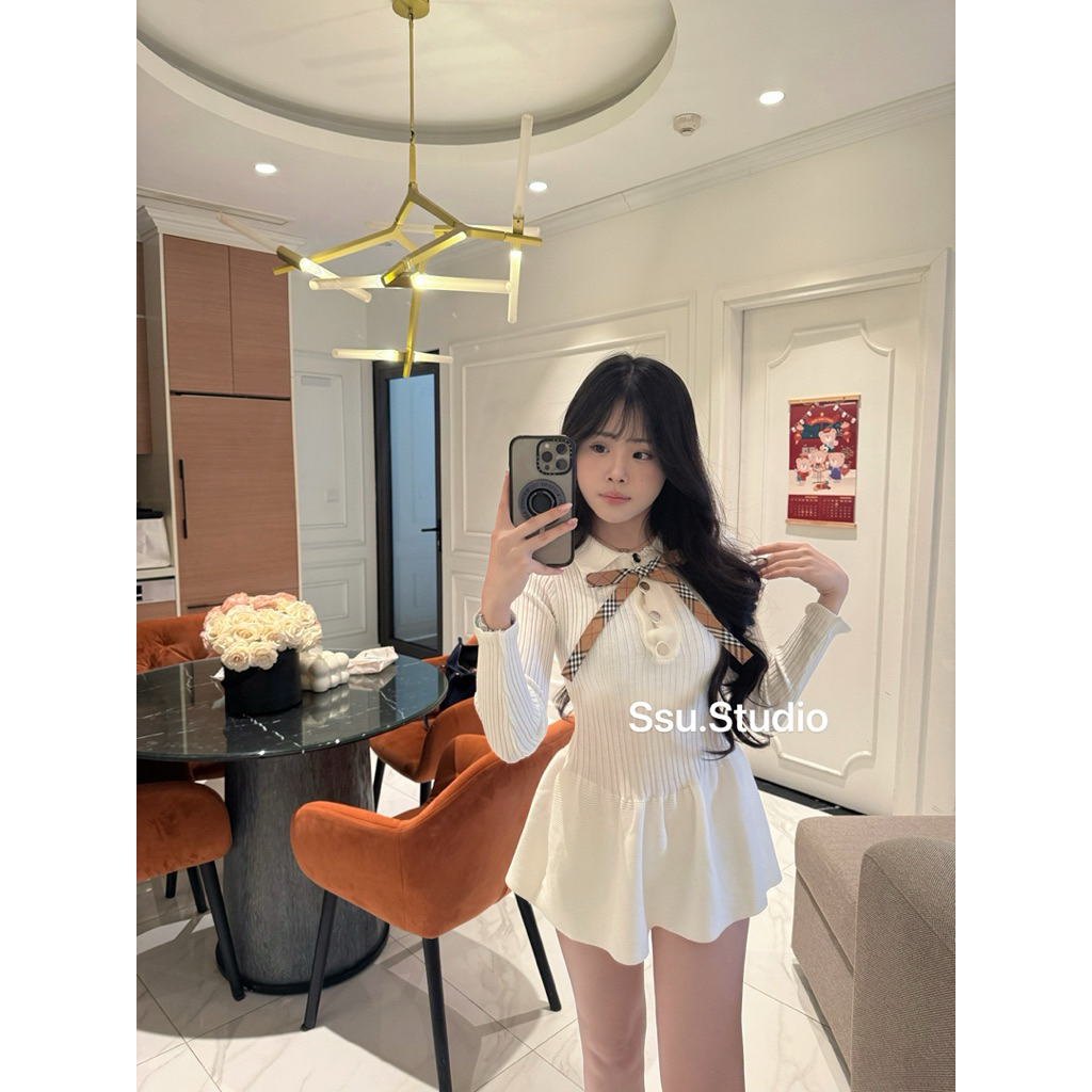 Ssu.Studio BB Xiu ชุดเดรสขนสัตว์คอปกโบว์ถักสวย (ขนาด 1m60(