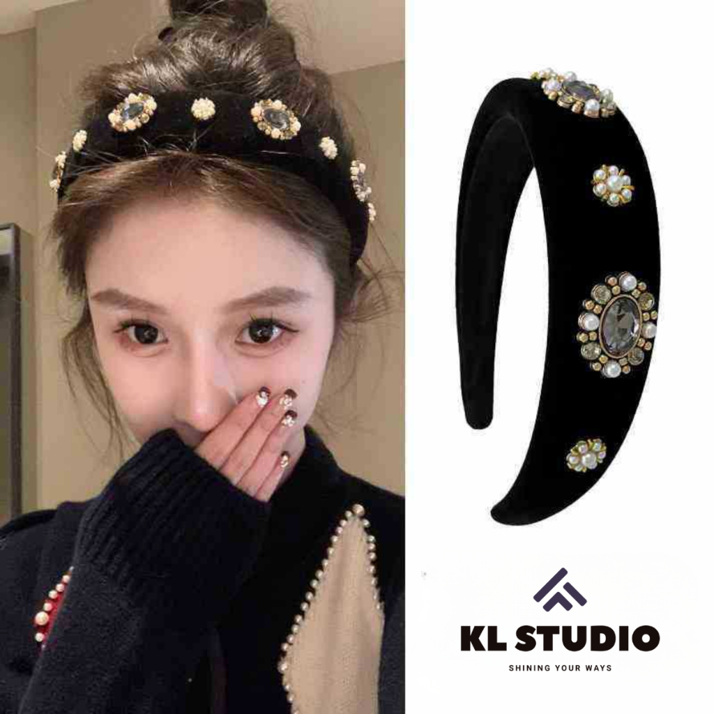 Luxury classic KL.STUDIO ที่คาดผมกํามะหยี่ระดับไฮเอนด์พร้อมหินและมุก - HB19