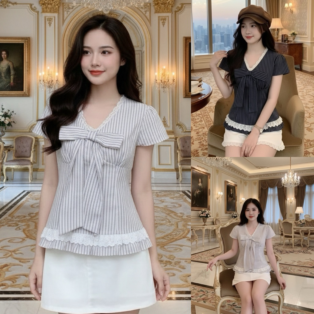 LOVITY SMS565 เสื้อแฟชั่นคอเต่าแต่งลูกไม้และโบว์ใหญ่ที่หน้าอก