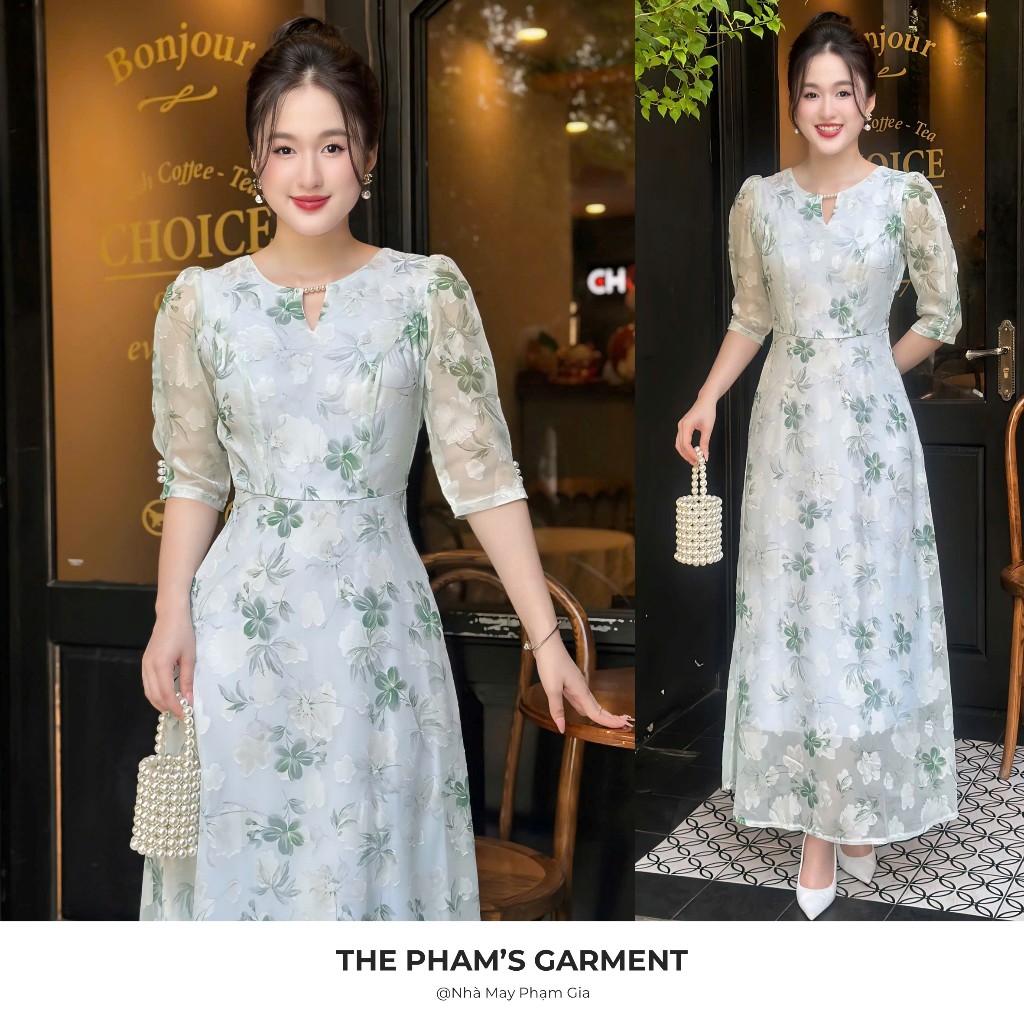 แม็กซี่เดรสผ้าไหมอัดคุณภาพสูงดอกเทอร์ควอยซ์ - รหัส PG123 - Pham Gia Tailor