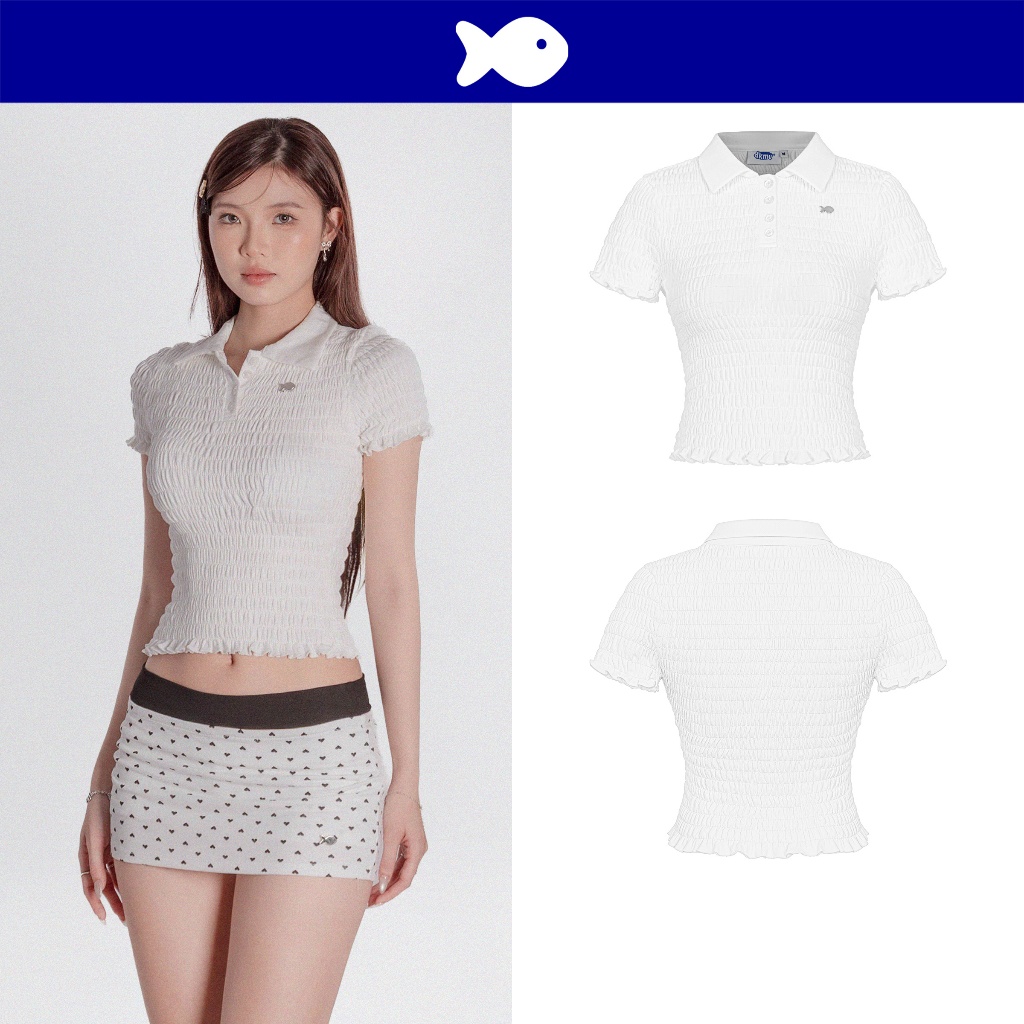 เสื้อยืดคอโปโลผู้หญิง DKMV แขนสั้นและกระดุมละเอียดอ่อนพร้อมโลโก้ปลาสีขาว Brit Top | K-T49-T