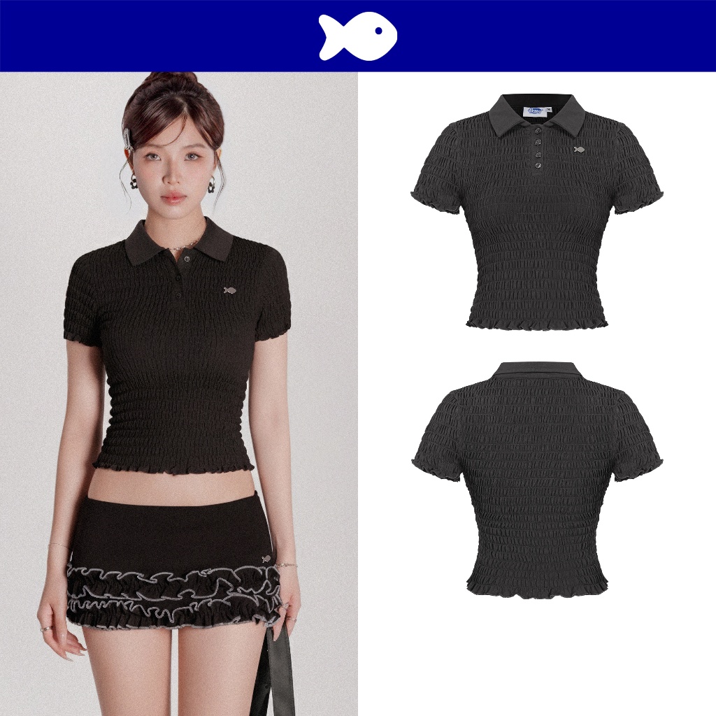 เสื้อเชิ้ตผู้หญิงสวยๆเอวยางยืด DKMV คอโปโลแขนสั้นมีกระดุมและโลโก้ปลาสแตนเลสสีดํา Brit Top | K-T49-D