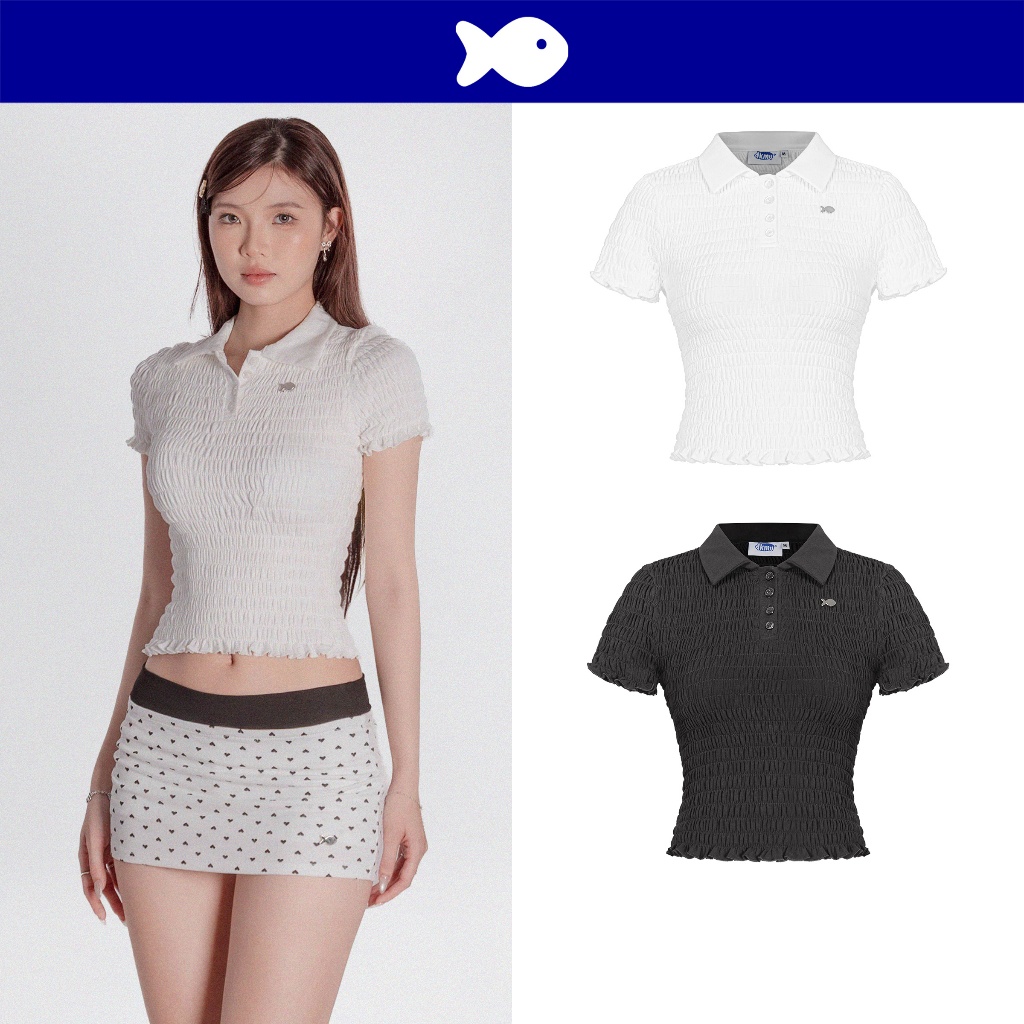 เสื้อยืดกระดุมคอโปโลผู้หญิง DKMV เสื้อเชิ้ตสั้นทรงเข้ารูปพร้อมโลโก้ปลาสแตนเลสน่ารัก Brit Top | K-T49