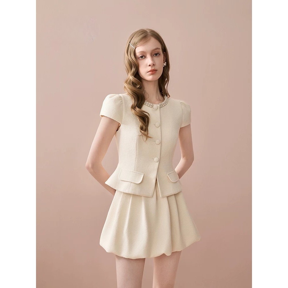 ชุดเซ็ตผู้หญิง เสื้อแขนพองแต่งมุก + กระโปรงฟักทอง HB.Studio S89