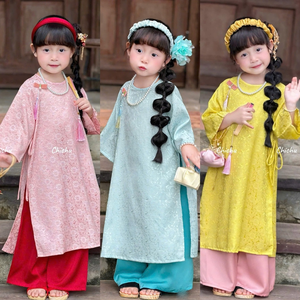 (ผลิตภัณฑ์ BEAUTIFUL) Chichu Uyen Van ผ้าไหมสาว Ao Dai Set คุณภาพนุ่ม ฟรีแผงใจ 25AD18