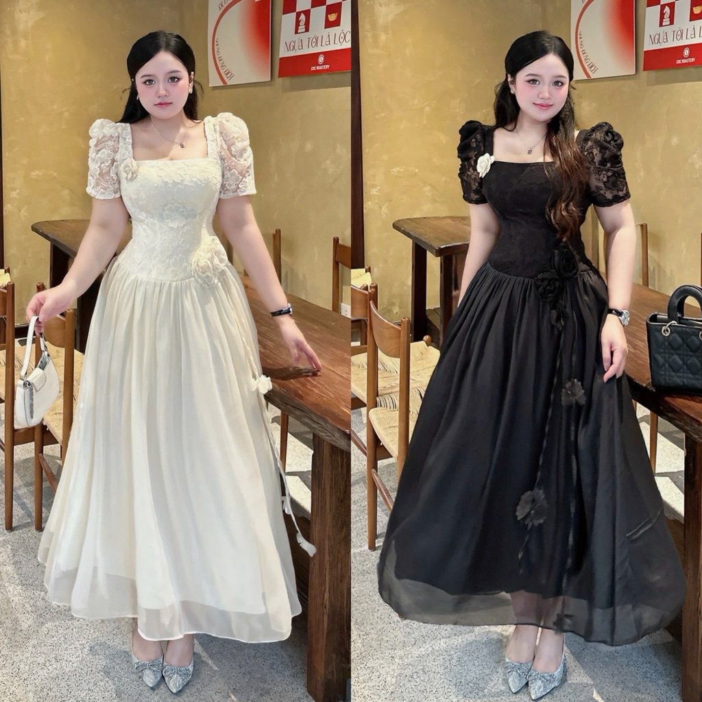 ชุดเดรสเอวลายดอกไม้ตาข่ายคอเหลี่ยม + ดอกเคมีเลีย 55-90กก. ML XL XXL QUNH NHU BIGSIZE