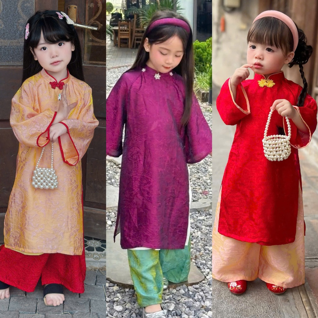 ผ้าไหมเด็กผู้หญิง ao dai มีซับในและอุปกรณ์ฟรี (25AD19) (26AD07)
