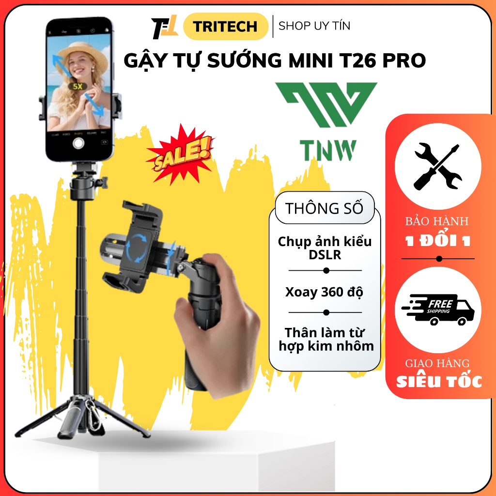 TNW T26Pro mini 3-in-1 Selfie Stick 360 องศาหมุน Bluetooth Selfie Stick สําหรับ Vlog Anti-Shake