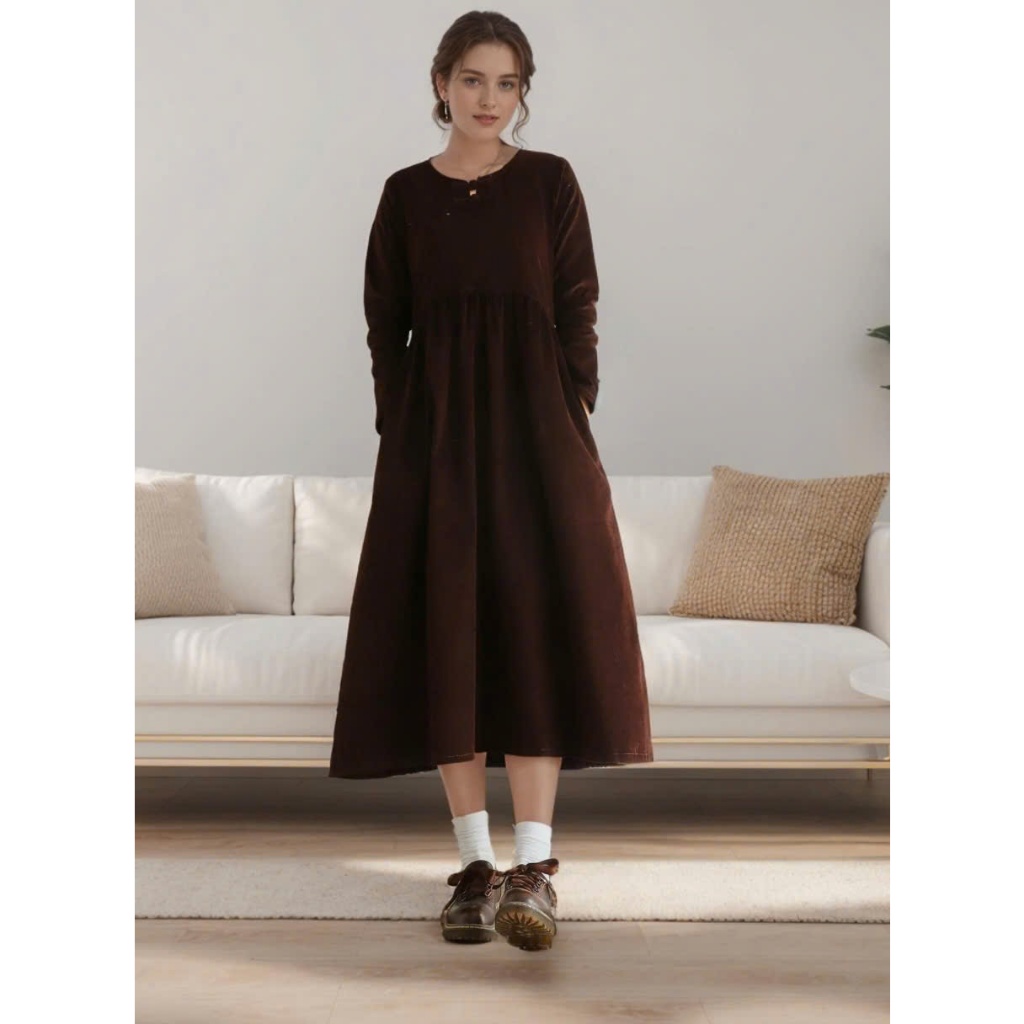 เดรสกํามะหยี่ช็อคโกแลตมีกระเป๋าสองข้าง - 2 Hands (Size XL)