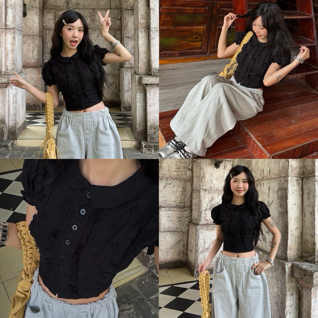 JIINE TOP - เสื้อเบลาส์ DEROSE ผ้าปักคู่ 2 ชั้นพัฟแขนพร้อมเอวมีเชือกผูกรูปที่สวยงาม - รูปที่ 2