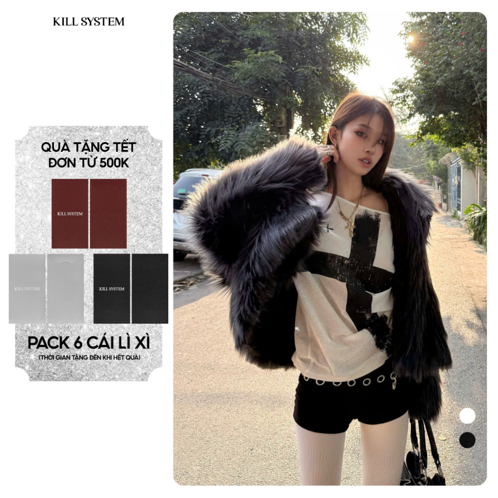 เสื้อยืดแขนยาวซีทรูพิมพ์ลายกากบาท LYAN - KILL SYSTEM