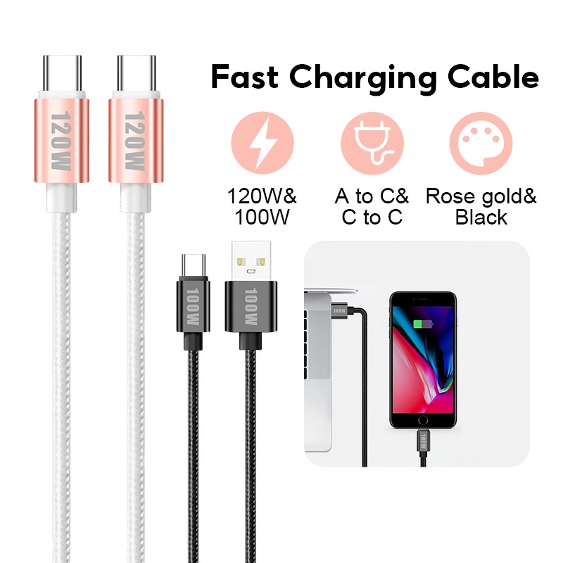สายชาร์จ USB to Type C 100W /120W, Type C to Type C เข้ากันได้กับอุปกรณ์หลายชนิด