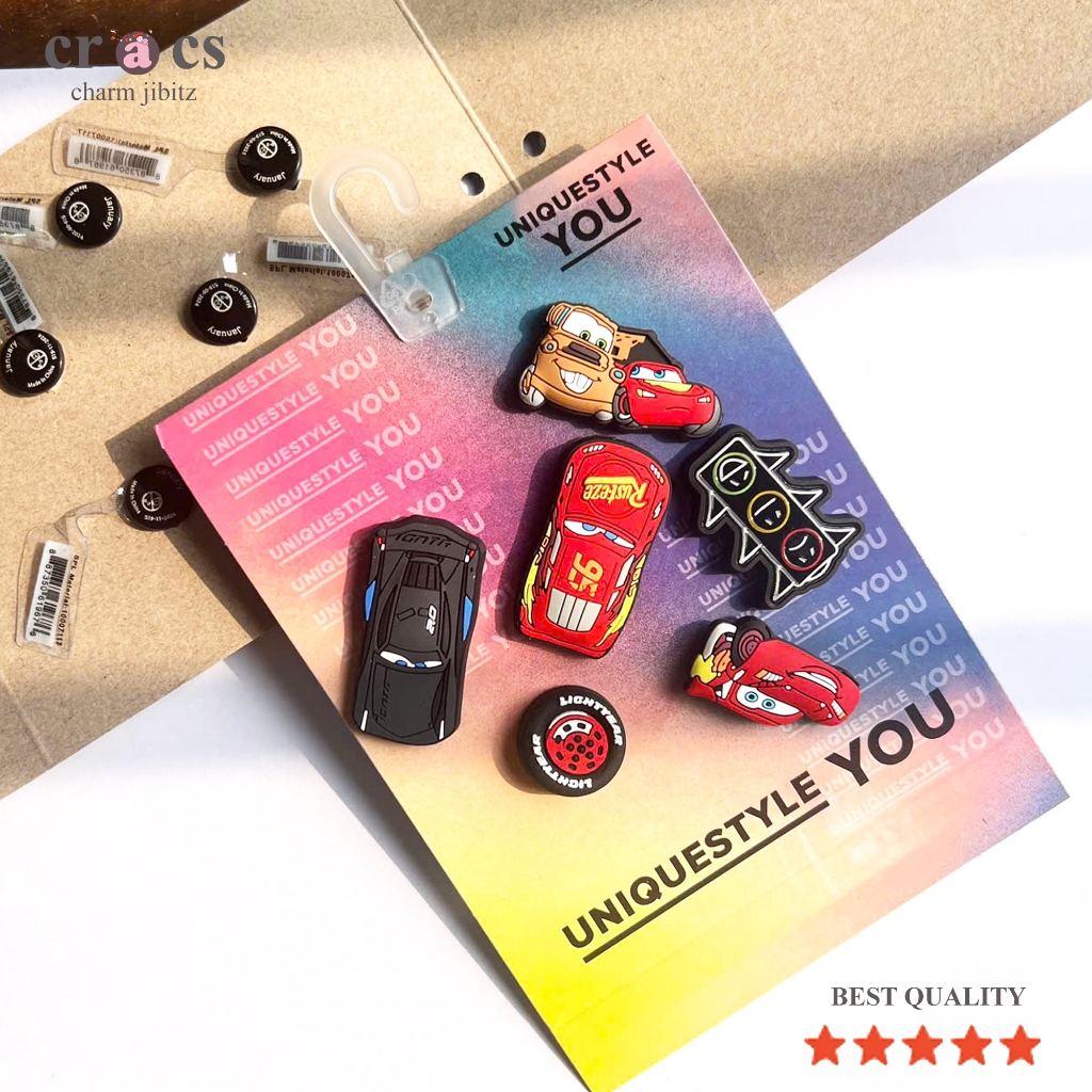 SET 6 CHARM MCQUEEN Set Jibbitz ของแท้ 6 ชิ้นพร้อมรองเท้าแตะหมากรุก
