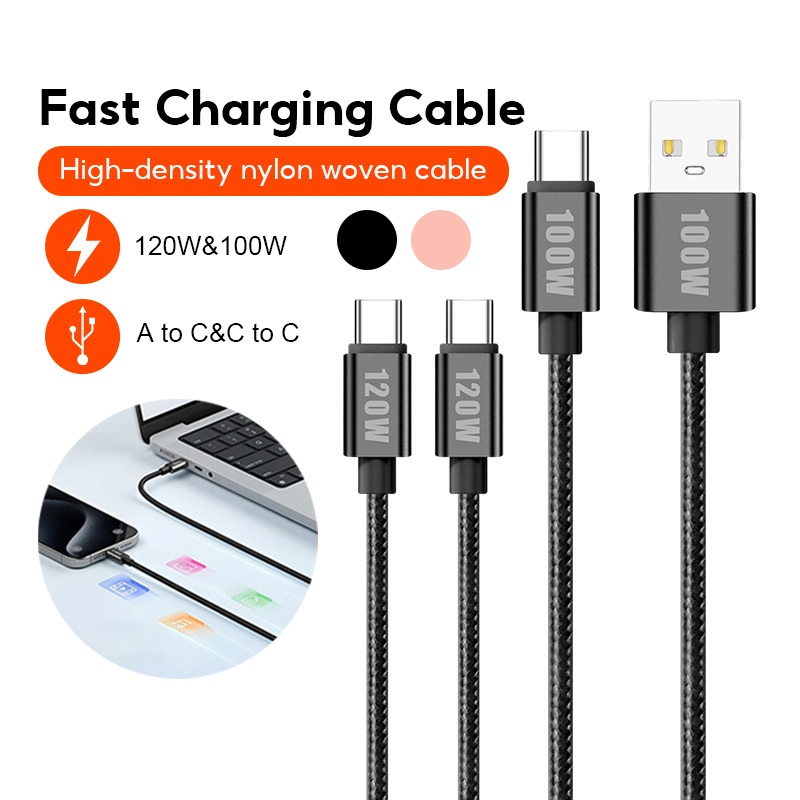 สายชาร์จ USB to Type C 100W /120W, Type C to Type C เข้ากันได้กับอุปกรณ์หลายชนิด