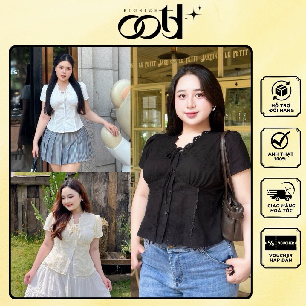 OOTD BIGSIZE - เสื้อเชิ้ตทรงบัคเก็ตปักมือคอปกผูกโบว์