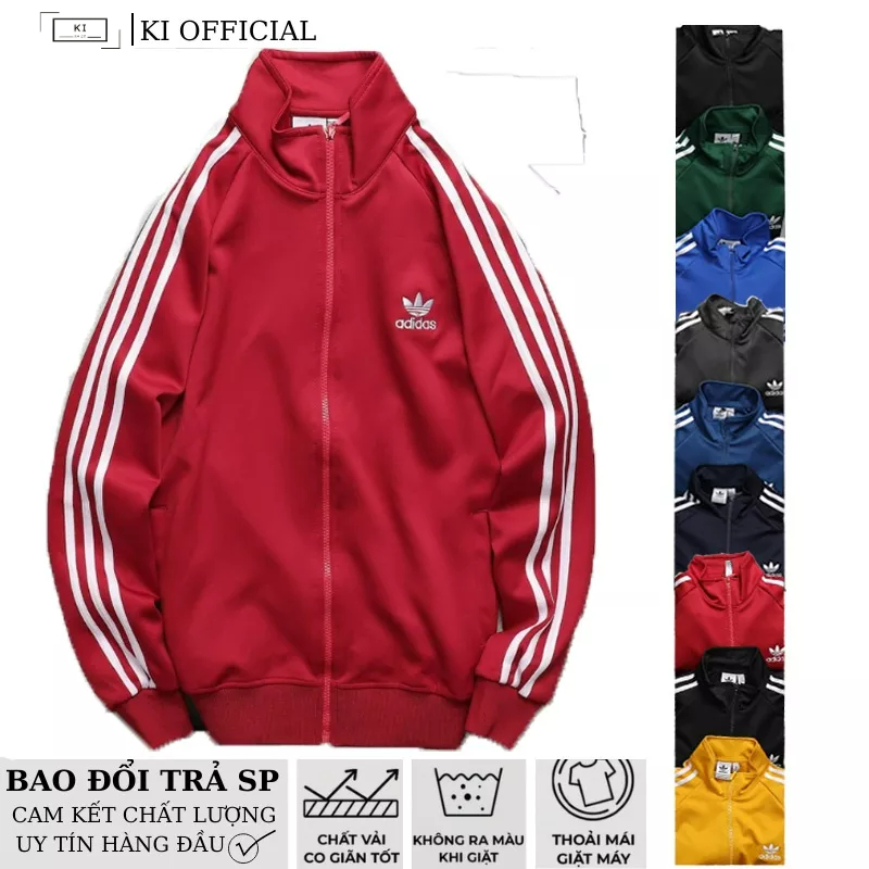 เสื้อแจ็คเก็ตกีฬา 3 แถบสําหรับผู้ชายและผู้หญิง สีแดง ส่งออกจากเวียดนาม หนังโพลี 2 คุณภาพสูง