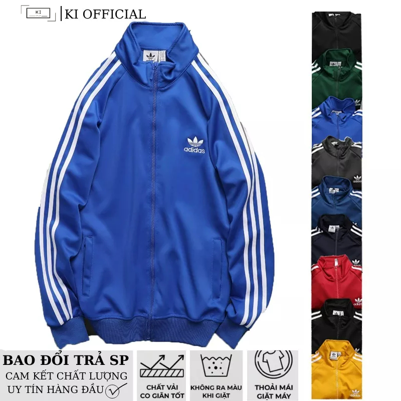 เสื้อแจ็คเก็ตกีฬา 3 แถบสําหรับผู้ชายและผู้หญิง สีน้ําเงินส่งออกจากเวียดนาม หนังโพลี 2 คุณภาพสูง