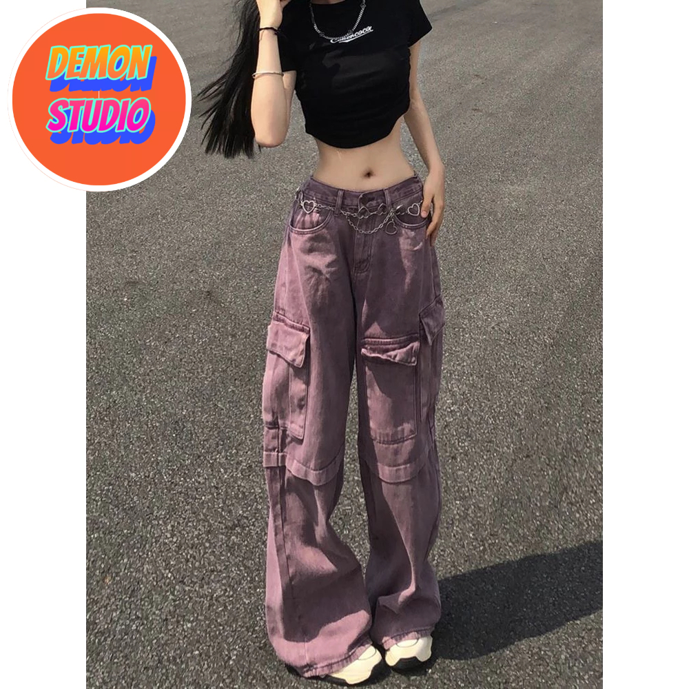 [AVAILABLE XL+2XL+3XL] PURPLE QUALITY BOX POCKET JEANS CARGO PANTS PURPLE BOX BAG