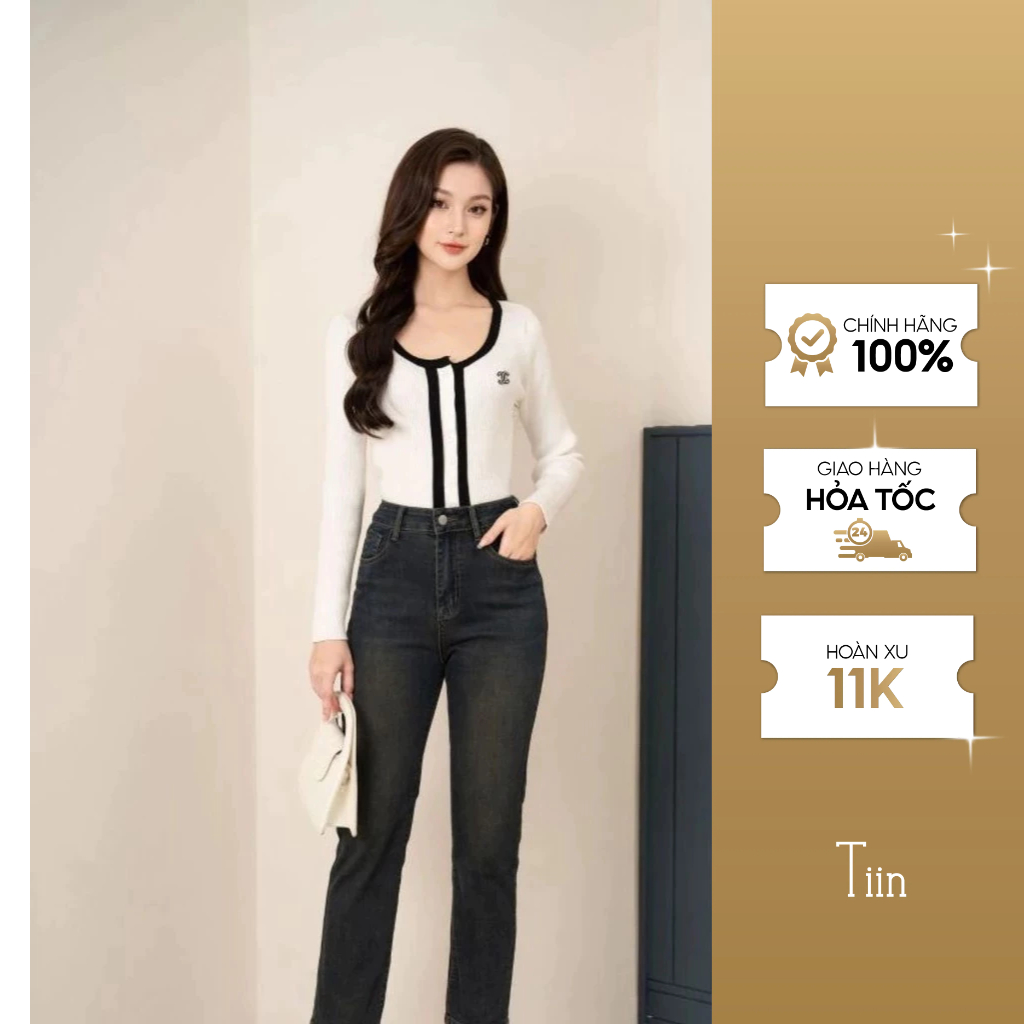 กางเกงยีนส์ขาตรงผู้หญิงสีน้ําเงินสามไซส์ SML Tiin Store GQ23180