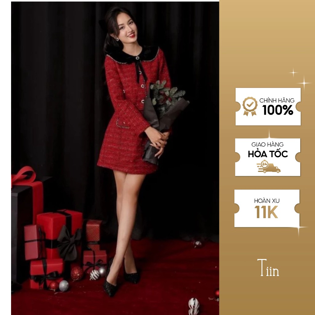 ชุดเดรสผ้าทวีตผู้หญิงคอปกกํามะหยี่ผูกโบว์สีแดง TINSTORE ADK917