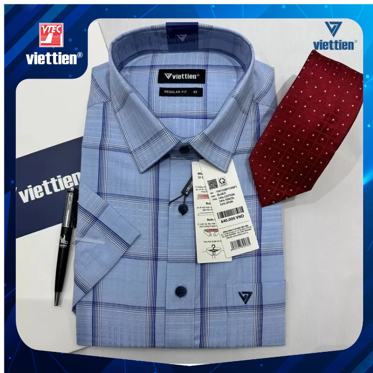 เสื้อเชิ้ตแขนสั้นลายตารางหมากรุกผู้ชาย Viet Tien 1S6122 -Regularfit แนวนอนพนัง