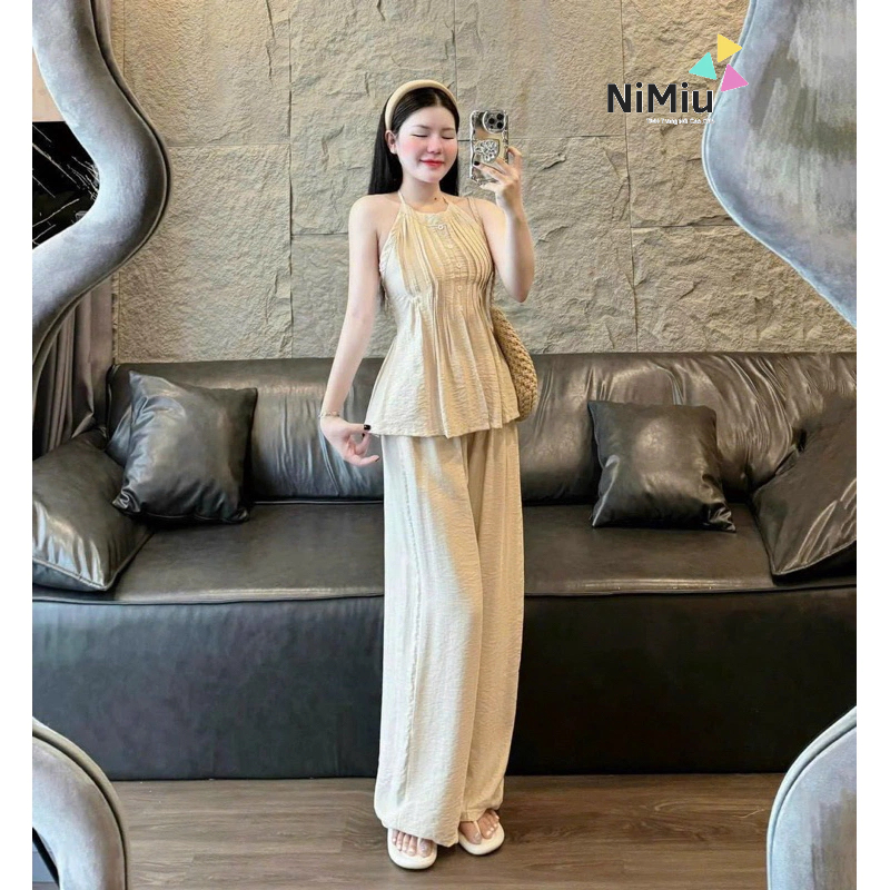 ชุดแฟชั่นสตรีสําหรับออกไปข้างนอกวัสดุหวายเสื้อชั้นในสตรีคล้องคอเสื้อบานวิ่งจําลองกางเกงขาตรง