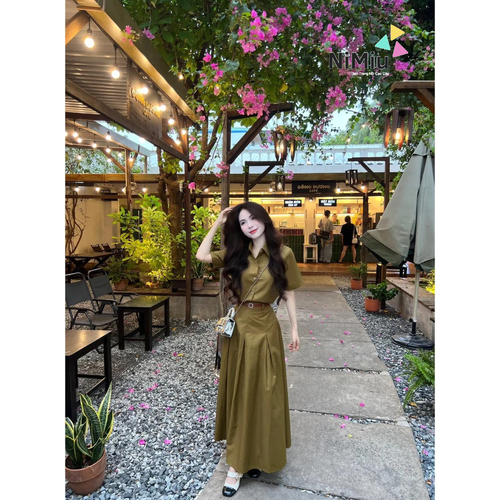 ชุดแต่งกายแฟชั่นออฟฟิศผู้หญิงใส่ไปเที่ยวเป็นสีกากีแท้ปกเสื้อแขนสั้นรวมกับกระโปรงบานแม็กซี่พร้อมเข็มขัดสีน้ําตาล การควบคุมคุณภาพ