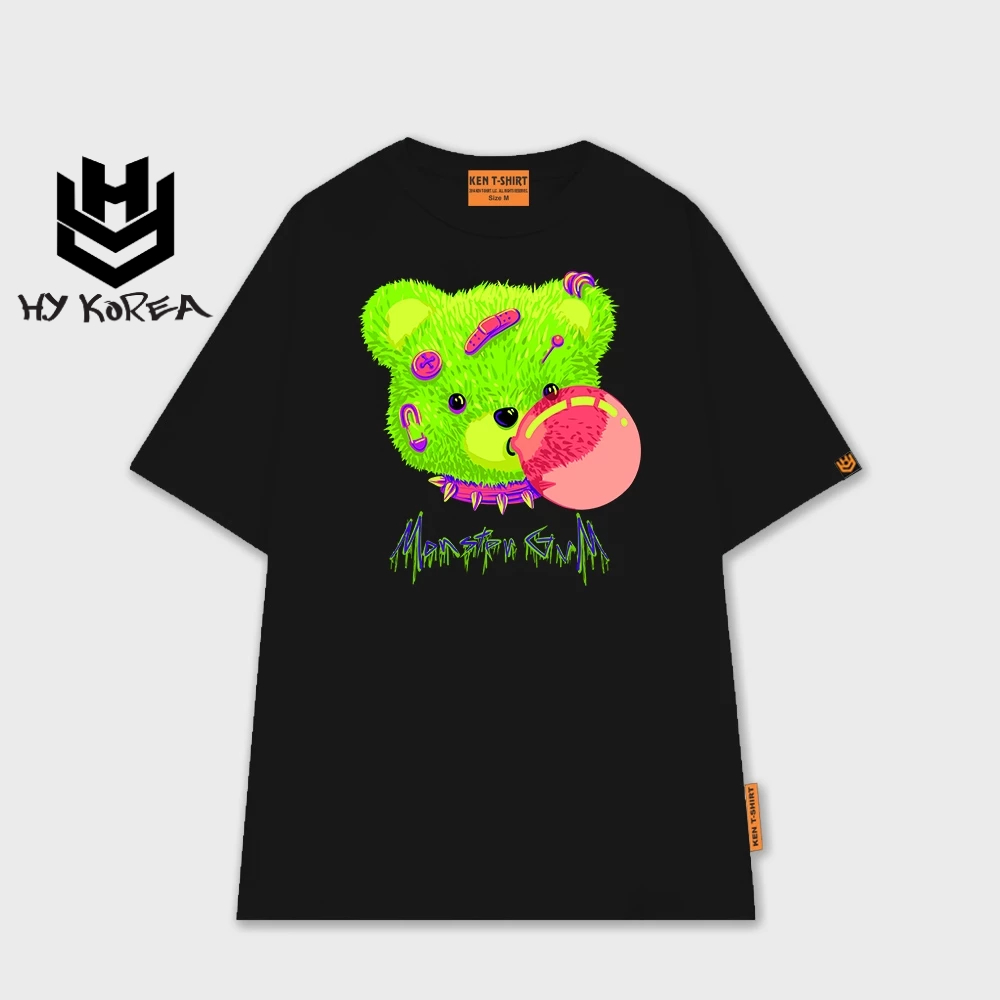 เสื้อยืดแบรนด์ท้องถิ่น HY KOREA พิมพ์ Monter GVM 2129 ผ้าคอตตอน unisex แขนหลวม