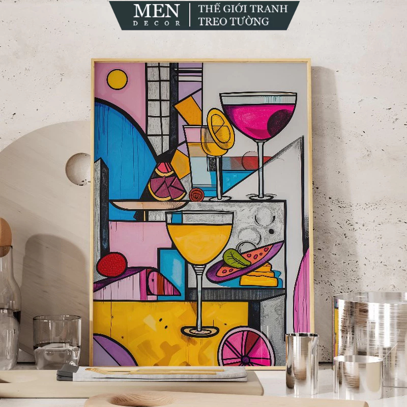 ภาพวาดติดผนัง Kitchen Wall Art โปสเตอร์ไวน์ Cubism Art พิมพ์ตามคําขอ เล็บแขวนรูปภาพฟรี