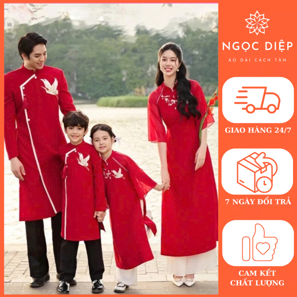 ตระกูลกลางฤดูใบไม้ร่วง ao dai Set, Tet 2024 - Vitek ผ้าหิมะและฝน, motifs ปักคุณภาพสูง - โงค Diep ao dai - GD07