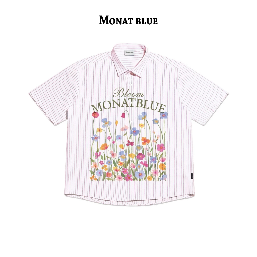 MONAT BLUE Boxy Flower Bloom Graphic เสื้อเชิ้ตออกซ์ฟอร์ดลายทาง unisex