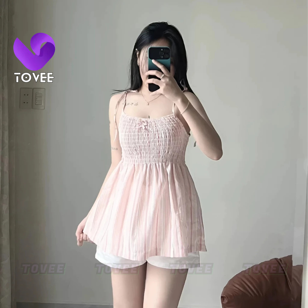 Babydoll เสื้อเชิ้ตไหล่ผูกไหล่สองชิ้นพร้อมโบว์ยาวผ้าลายผ้าลินินเสื้อ BM253, TOOVEE Ruffled Bustier เสื้อ