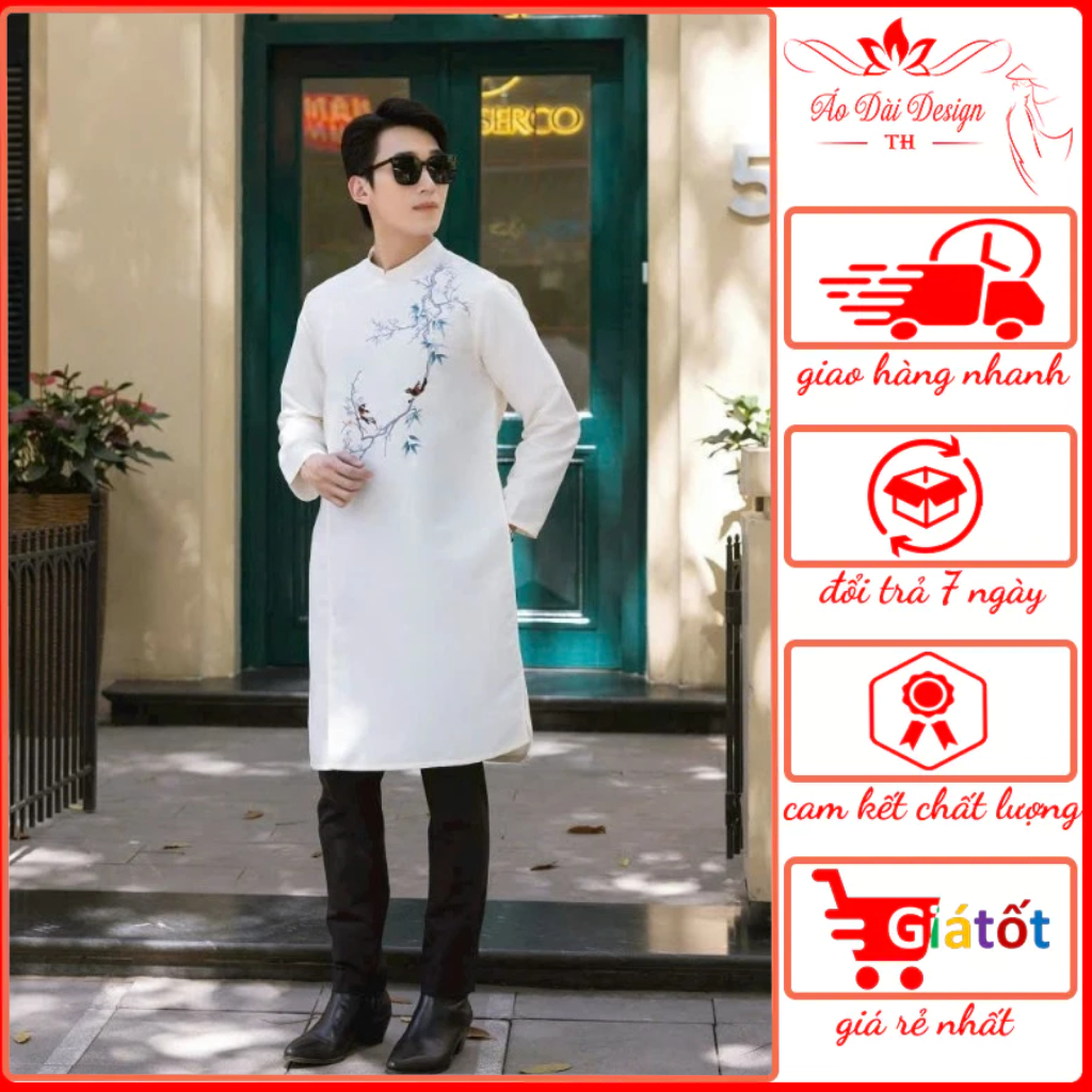 ผู้ชายราคาถูก ao dai ผู้ชายสวย ao dai - ผ้า tafta ปักคุณภาพสูง - สีขาว - Thu Ha Silk - ND25.401