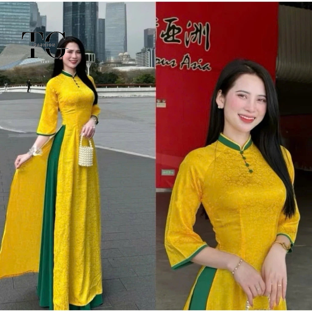 ผ้าคอมอ่อนเยาว์ ao dai พร้อมคอปก 3 สี - TG FASHION Ao Dai - A14 - รถไฟยาว 140 ซม. แขนสั้น ผ้าสวย