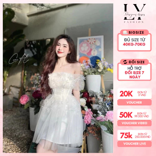 เดรสสั้นเปิดไหล่ลูกไม้พร้อมดอกไม้สําหรับงานปาร์ตี้ ทุกขนาด 40 -70กก. VTT126