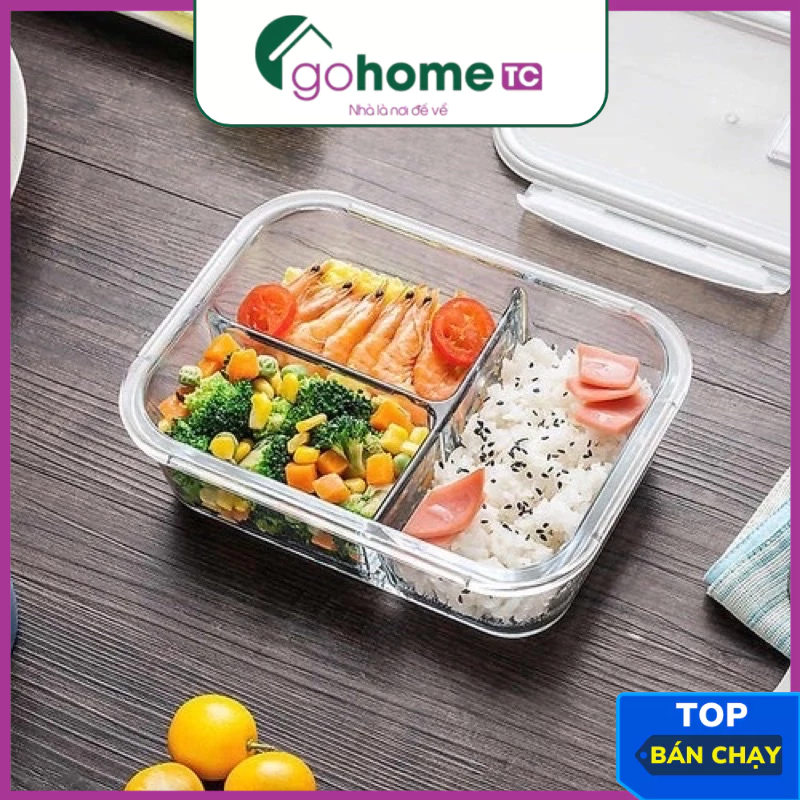 กล่องข้าวแก้ว 3 ช่อง HC3T 1040 ml GoHome HD-0052 - ปลอดภัย สะดวกต่ออาหาร