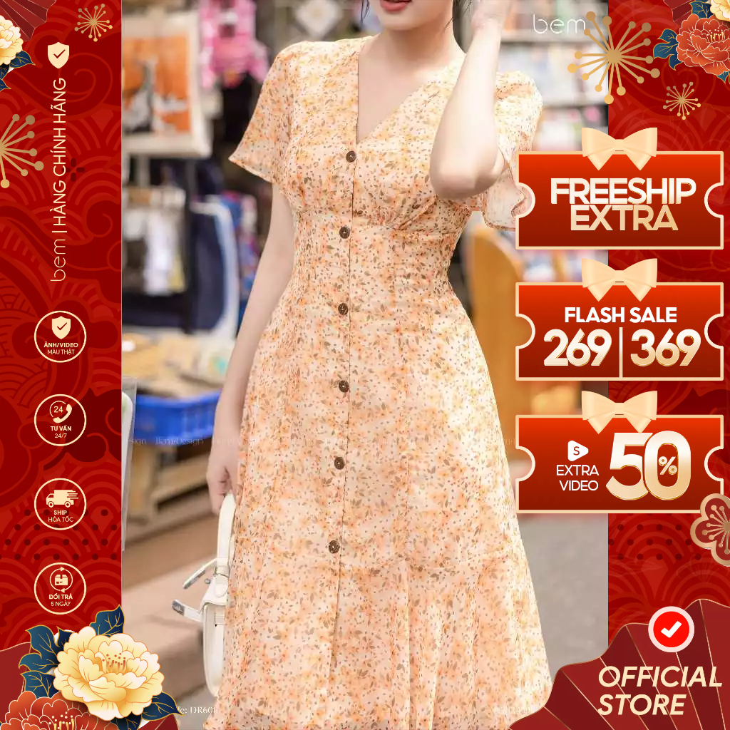 Bem Design A-Line Floral Dress (เหลือง-น้ําเงิน-แดง-ส้ม) (DR566-DR565-DR448-DR608)