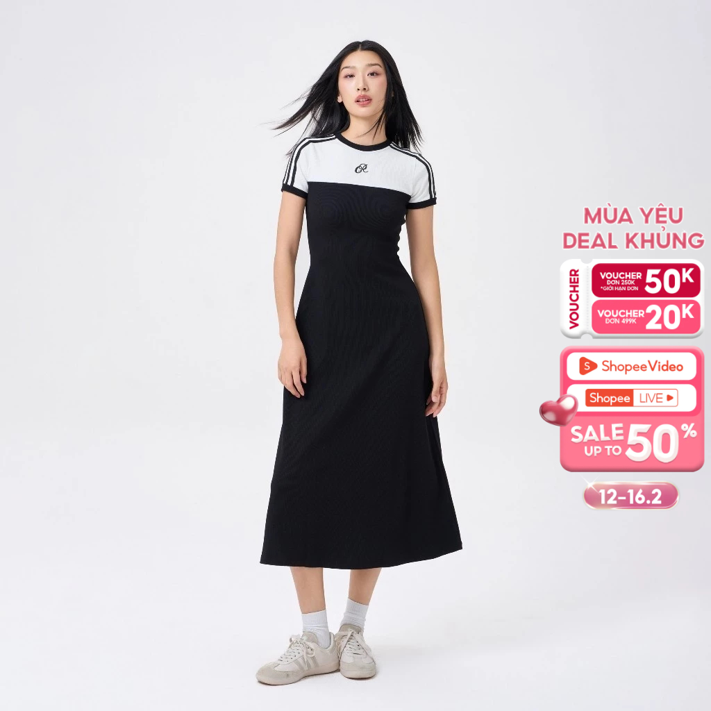 คาร่า โลนา เดรสยางยืดยาวบุคลิกภาพคอกลมแขนสั้นและแถบขาวดํา