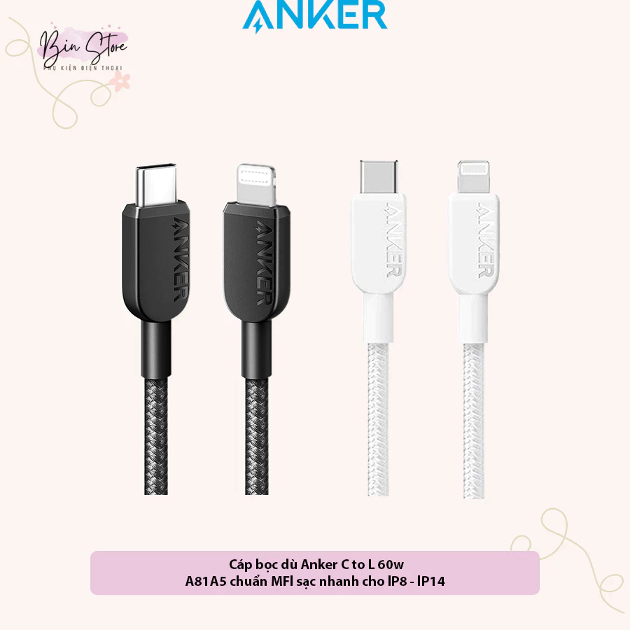 (สําหรับ lP8-14Prm) Anker C to L Umbrella Covered Cable Standard MFl Fast Charging PD 60w รหัส A81A5