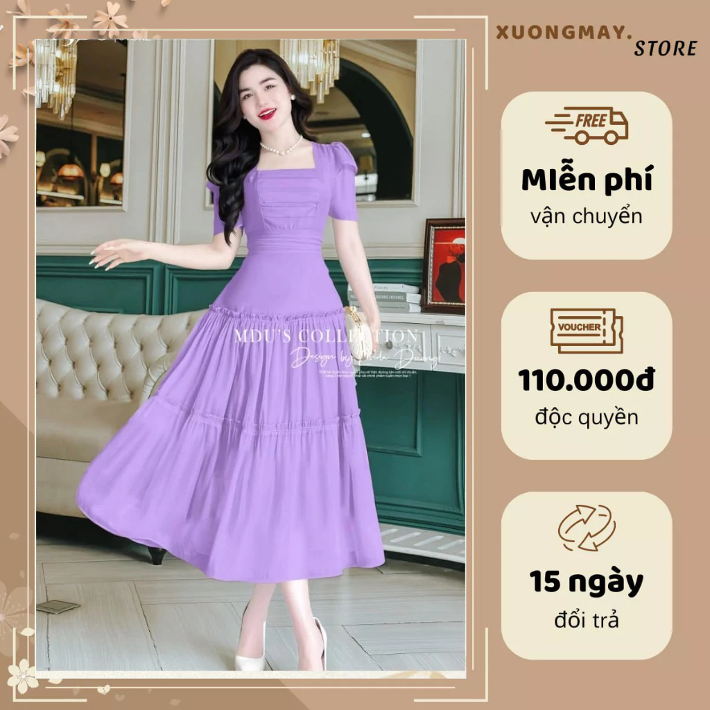 ออกแบบชุด K21-D3-1 MDU4223 ทรงบานเล็กน้อย คอเหลี่ยม รายละเอียดจีบละเอียดอ่อนจาก MDU