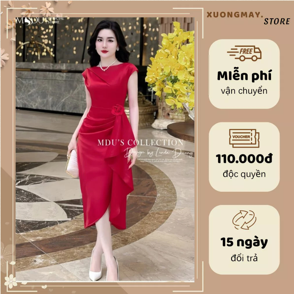 Mduxuongmay Designer Dress K44-D2-2 MDU3607 สไตล์เสื้อกั๊กคอปกกระโปรงบานอ่อน