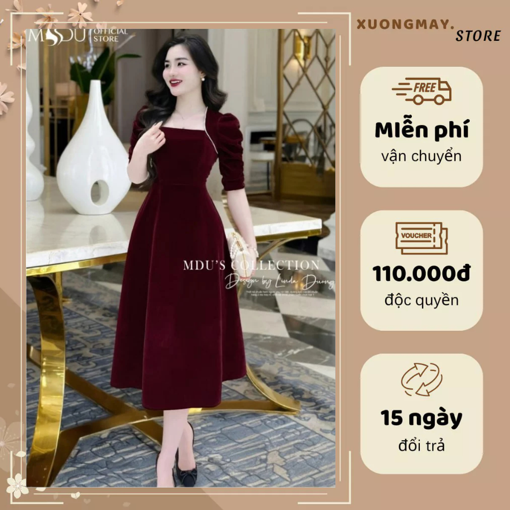 Mduxuongmay ชุดเดรสผู้หญิง K48-D2-5 MDU3733 กระโปรงบานเล็กน้อย ดีไซน์คอเหลี่ยมพร้อมกํามะหยี่นุ่ม