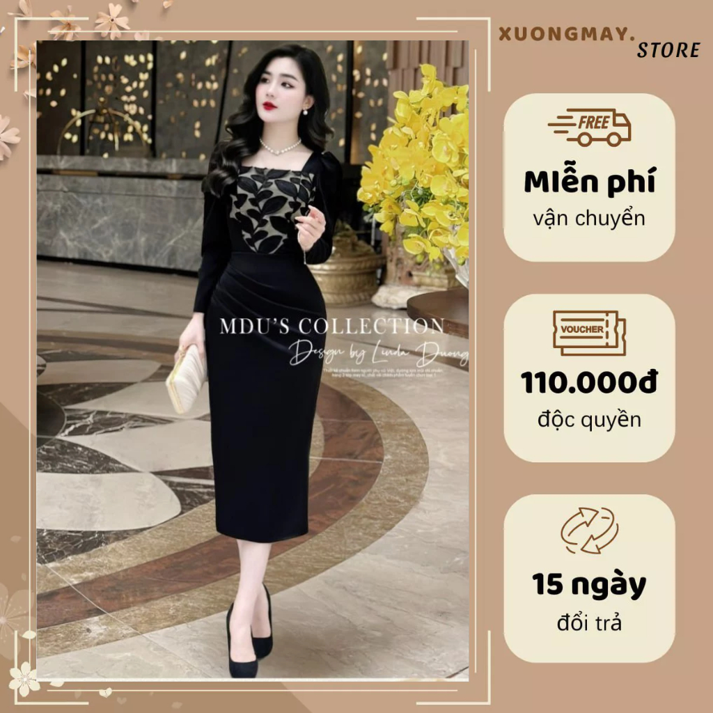 Mduxuongmay Office Dress MDU3798 ดีไซน์คอเหลี่ยม, หมวกลูกไม้เชื่อมมะม่วงเกรดจาก MDU K47-D1-2