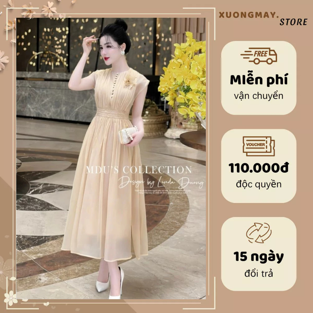 Mduxuongmay ชุดเดรสผ้าไหม K33-D3-1 MDU4204 สีขาวอ่อนเยาว์ ทรงกระโปรงบานอ่อนโยนจาก MDU