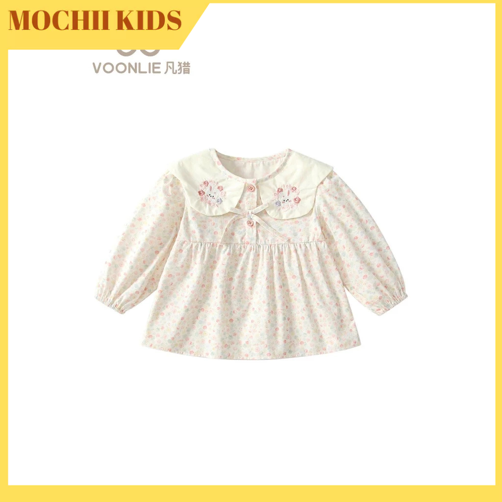 MOCHII babydoll เสื้อเชิ้ตแขนพัฟปักกระต่าย เสื้อคอปกบัวผูกโบว์สไตล์หวาน M.A06
